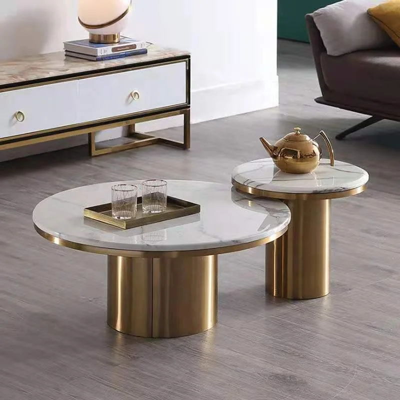 Modernes rundes Couchtisch-Set im Großhandel, 2, luxuriöser Wohnzimmer-Mitteltisch mit Marmorplatte und goldenem Edelstahl und Beistelltisch