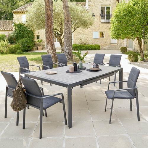 Table de jardin extensible ÉVASION Effet bois Seigle Graphite 10 places - Aluminium traité époxy, Lattes Hespéride