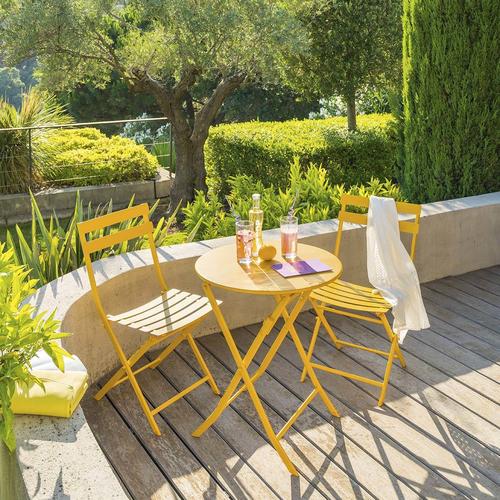 Table de jardin pliante ronde GREENSBORO Moutarde 2 places - Acier traité époxy, Traitement antirouille renforcé Hespéride