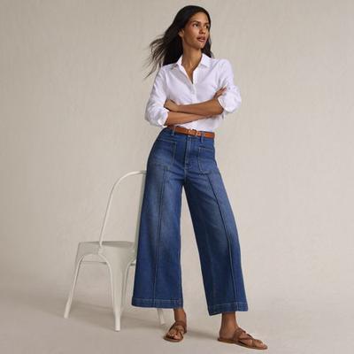 Wide Leg Cropped Patch Pocket Jeans, High Waisted, Women, size: 16, regular, Blue, Spandex/Cotton-blend/Poly-blend, by Lands' End