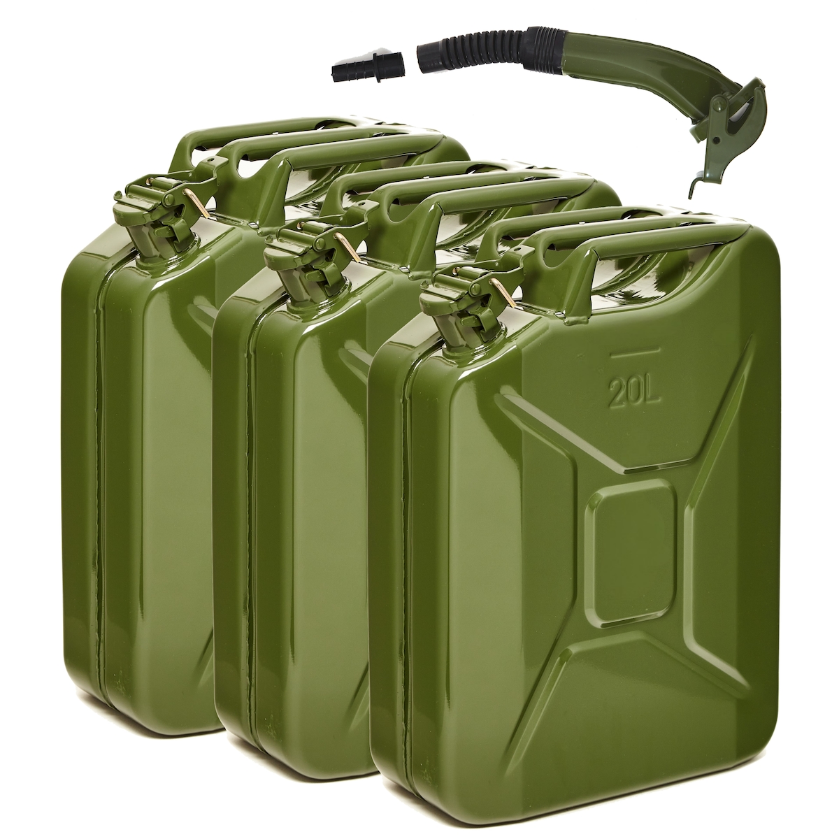 BW® Kraftstoffkanister Metall Benzinkanister 3x 20 Liter mit Ausgießer - Olivgrün - RAL 6003 - TÜV-geprüft und UN-Zulassung - Made in Europe Image