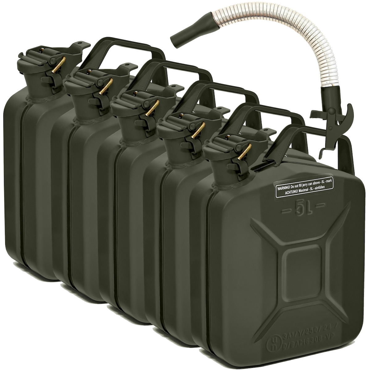 BW® Kraftstoffkanister Metall Benzinkanister 5x 5 Liter mit Ausgießer - Bronzegrün - RAL 6031-F9 - TÜV-geprüft und UN-Zulassung - Made in Europe Image