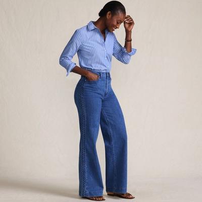 Soft Denim Braided Seam Wide Leg Jeans, Women, size: 16, regular, Blue, Spandex/Cotton-blend, by Lands' End