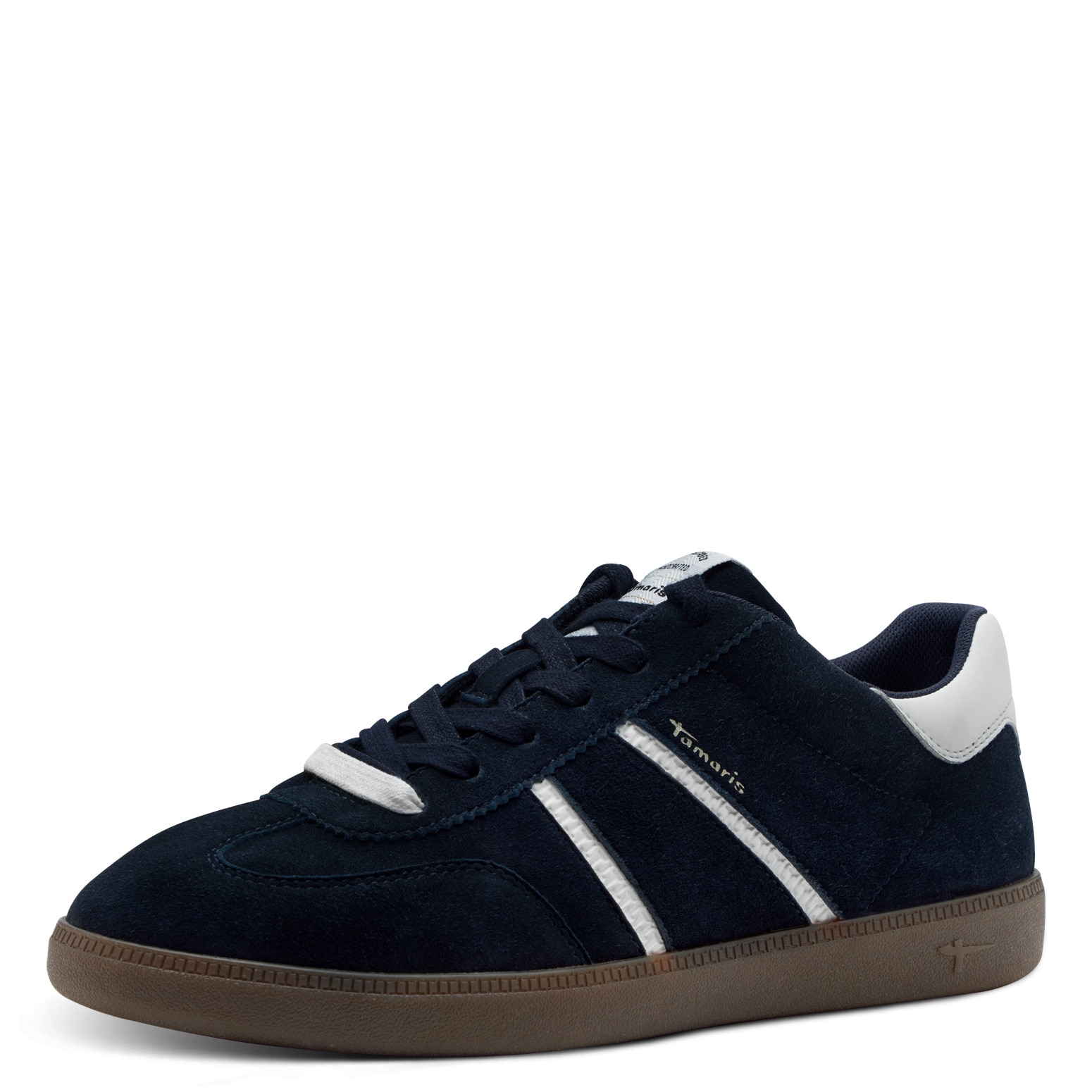 Plateausneaker TAMARIS, Damen, Gr. 41, blau (navy), Lederimitat, Veloursleder, unifarben mit Farbeinsatz, Schuhe Plateausneaker, Freizeitschuh, Halbschuh, Schnürschuh mit gepolstertem Schaftrand