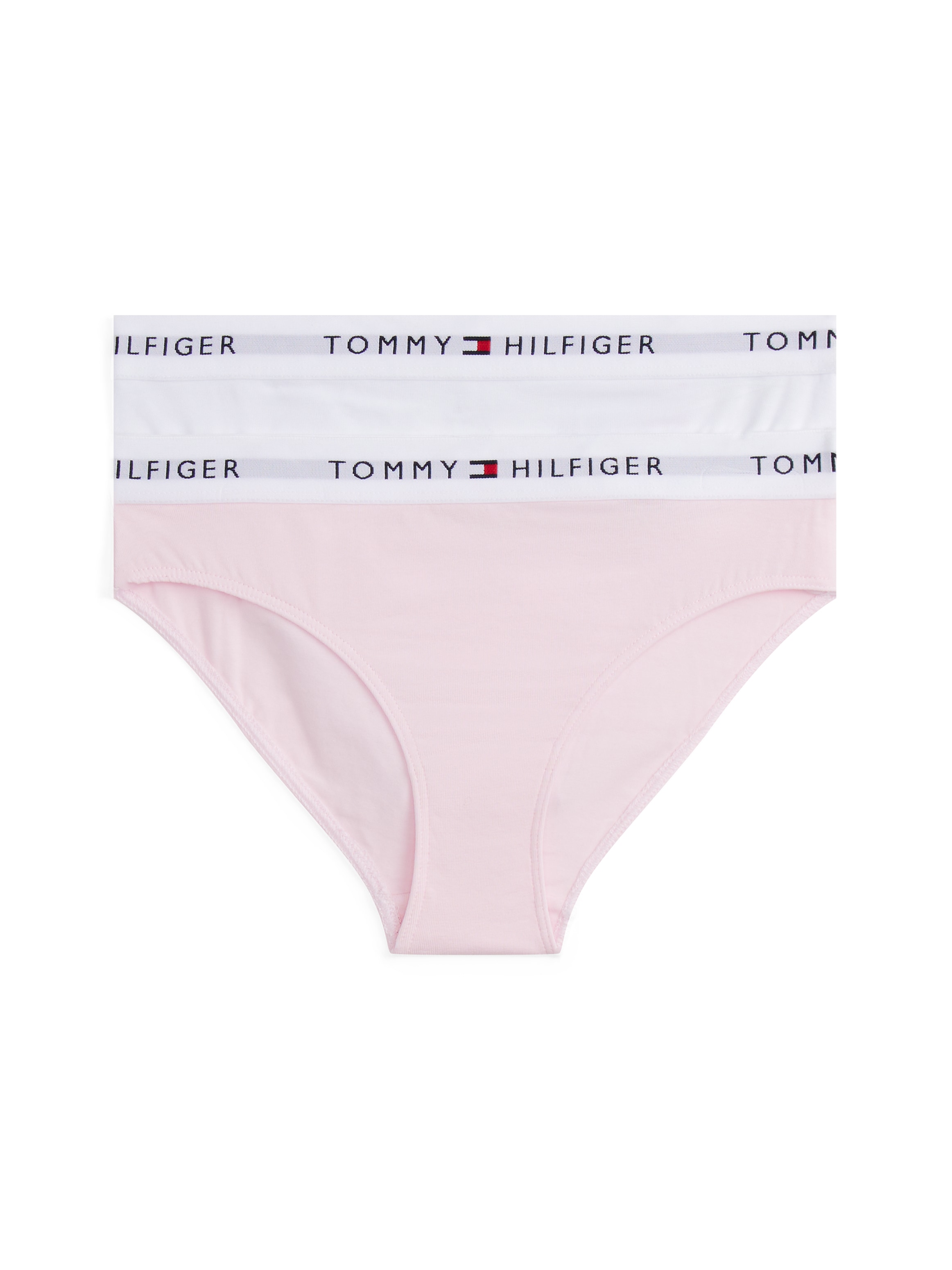 Bikinislip "2 PK BIKINI mit elastischem Bund im 2er-Pack", Mädchen, Gr. 128/134, 2 Stk., weiß (light pink, weiß), Jersey, Obermaterial: 95% Baumwolle, 5% Elasthan, TOMMY HILFIGER UNDERWEAR, körpernah, Unterhosen, unifarben, casual, körpernah,...