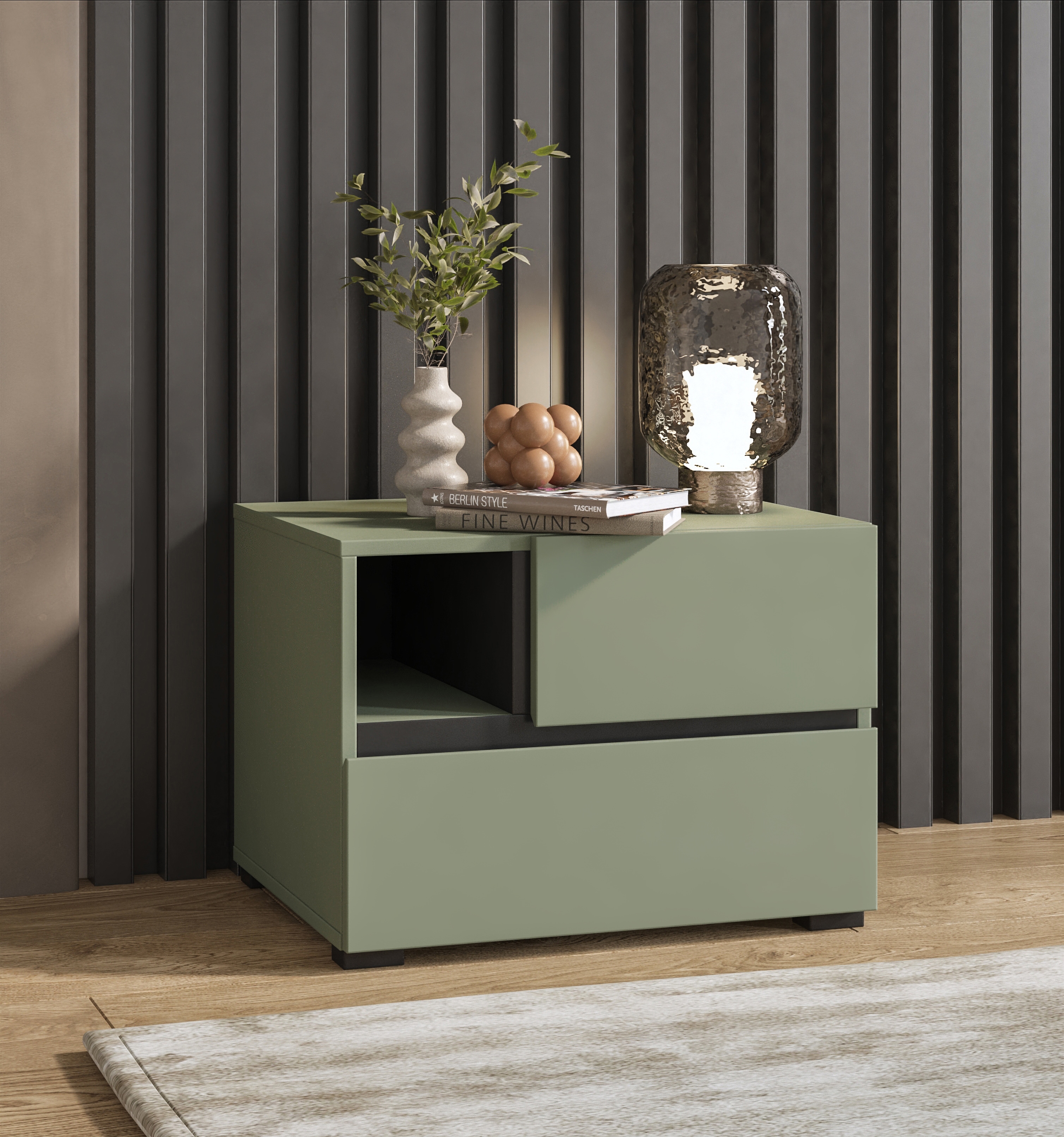 Nachtkommode OTTO HOME "Cross, moderner griffloser Nachtschrank", grün (salbei), B:55cm H:40cm T:40cm, Sideboards, Nachttisch, Nachtkonsole mit 2 Schubladen