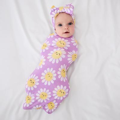Flower Power Swaddle & Luxe Baby Girl Soft & Stretchy Bamboo Bow Headbands Set - OSFA
