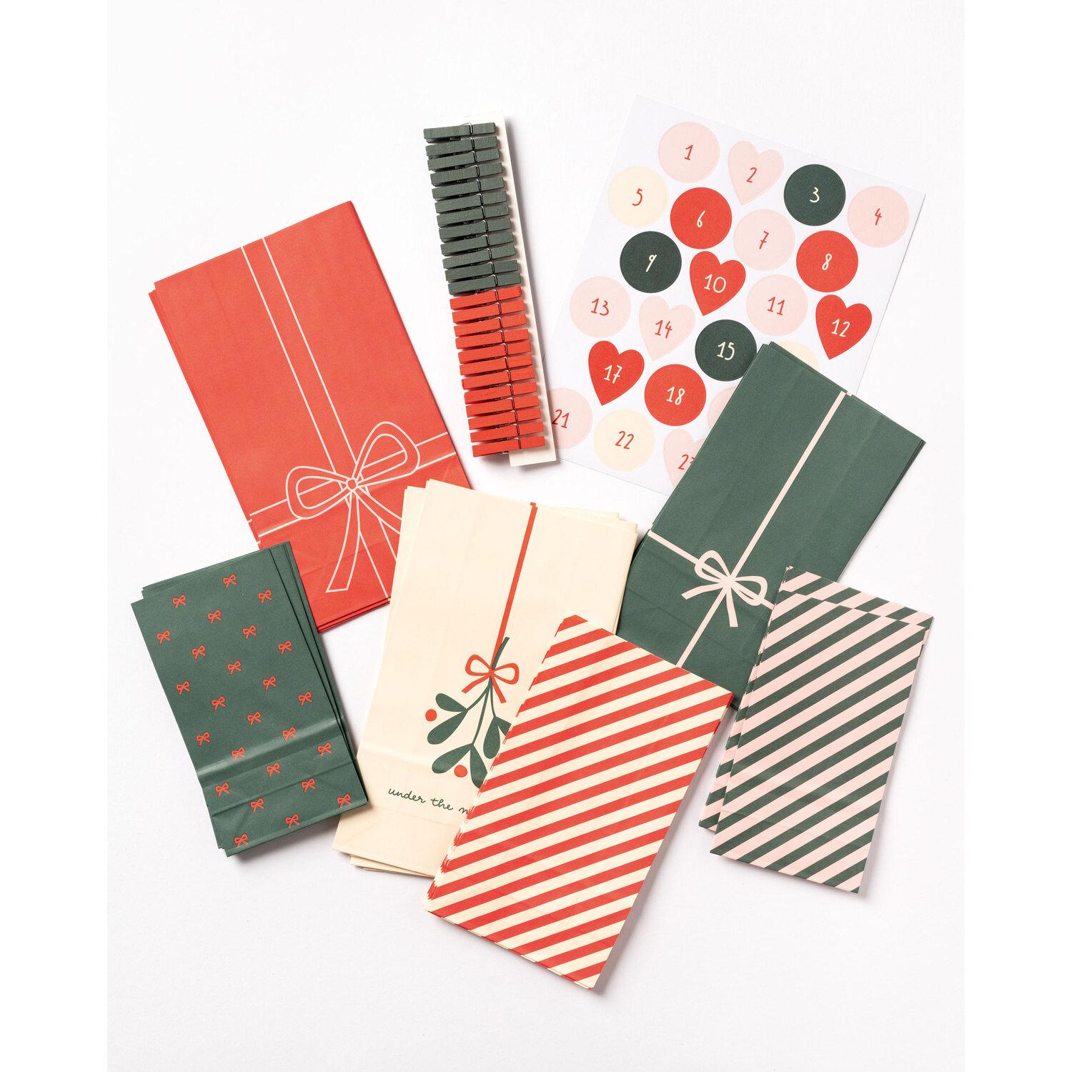 folia Lot de sachets pour calendrier de l'avent en papier, rouge/vert, 24 pièces