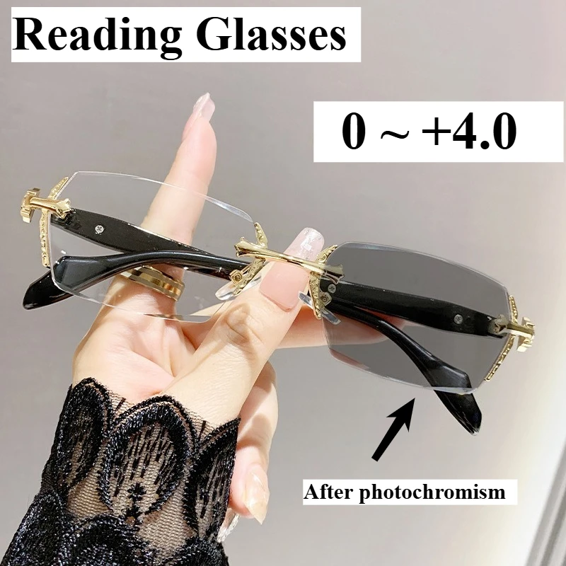 Y2K Rahmenlose Lesebrille mit Schnittkante, neutral und modisch, Anti-Blaulicht-Brille, Metall, schwere Handwerkskunst, vielseitig einsetzbar Image