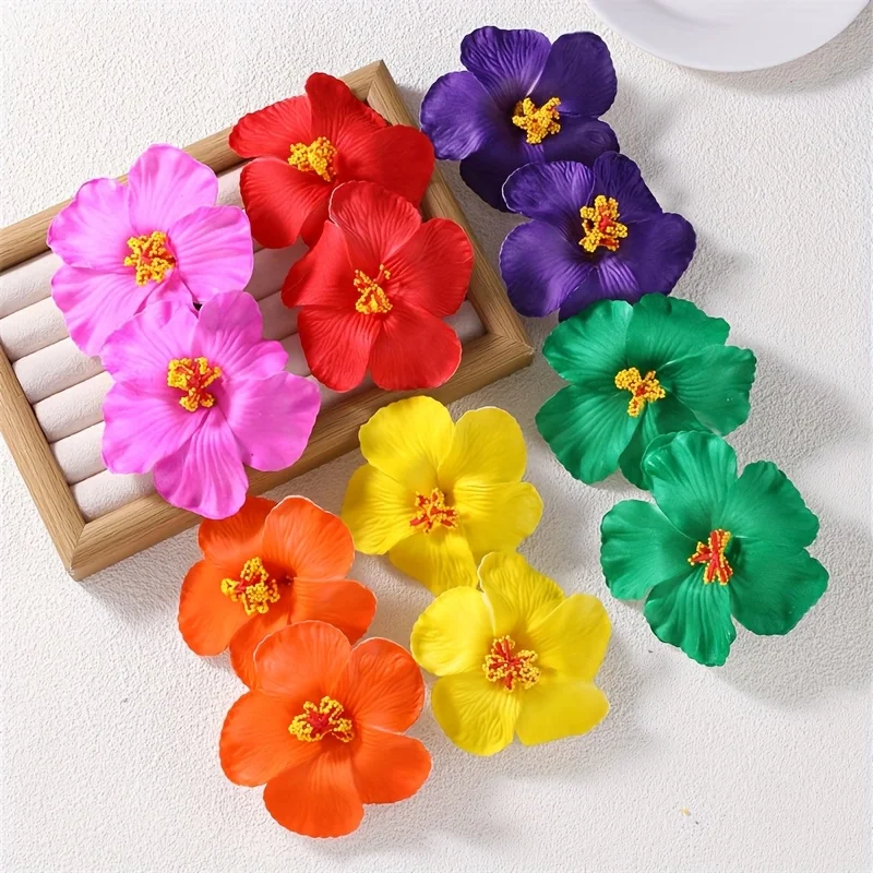 2 Stück Haarspangen mit tropischen Blumen – lebendige Hibiskus- und Plumeria-Designs, Stoffmaterial, perfekt für Damenmode-Accessoires Image