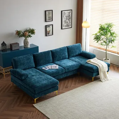 Convertible Sectional Sofa 110" U-Shape Sofa Couch 4-Seat Couch with Chaise ChenilleFabric Upholstered for Living Room, Apartme