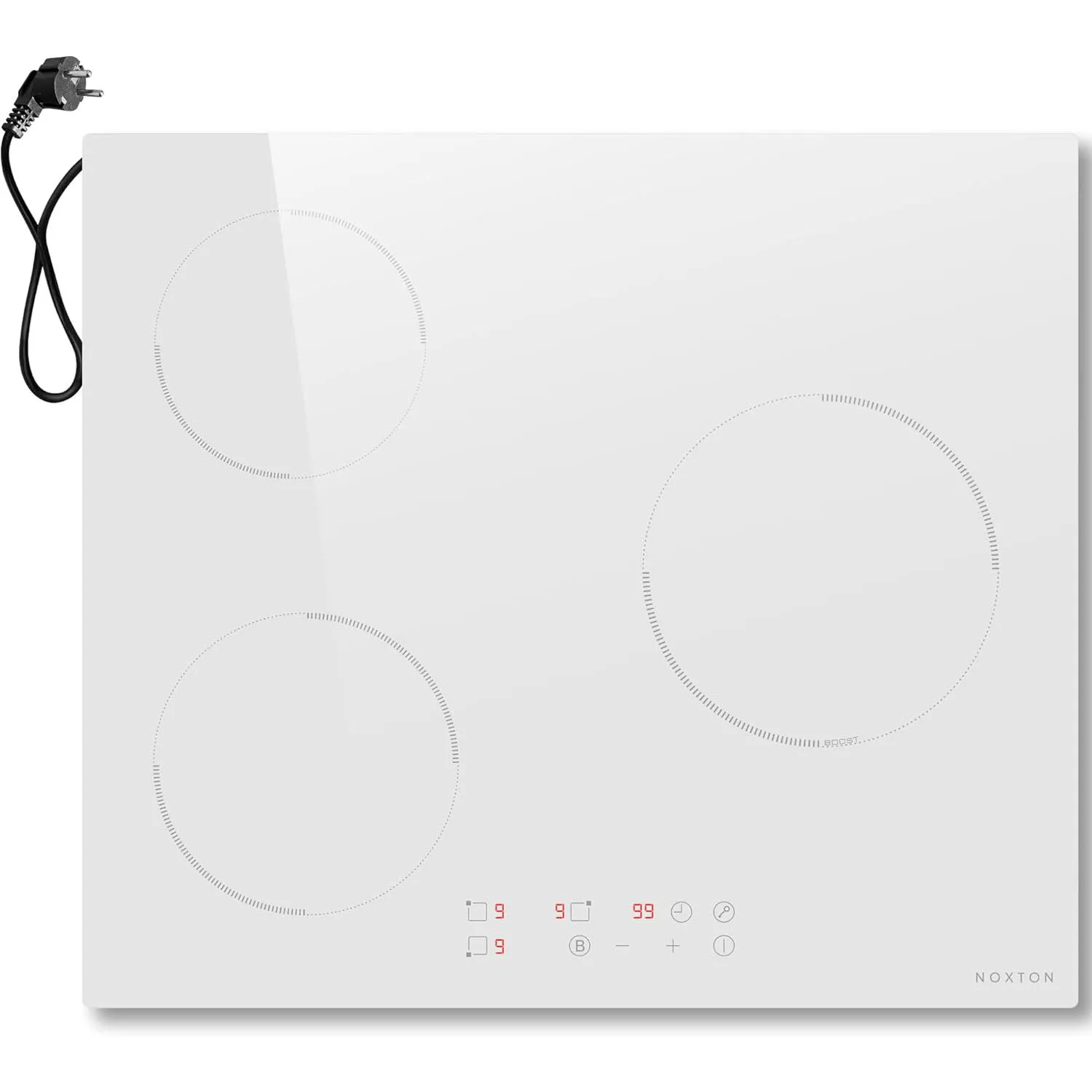NOXTON Piano cottura a induzione plug-in a 3 zone Piano cottura elettrico da 60 cm Piani cottura a induzione da 2800 W con controllo touch Blocco sicuro 220-240 V e timer Boost