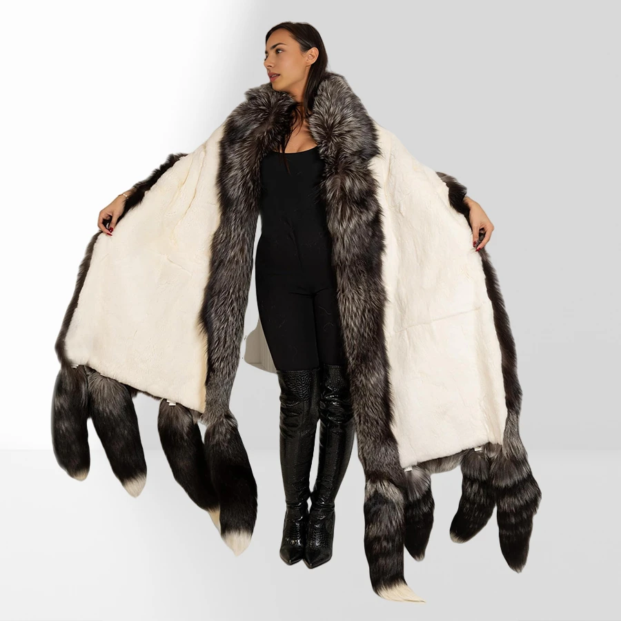 Unisex Double Face Silver Fox & White Rex Boa-Cape mit Schwänzen Echtpelzschal Langer, heiß verkaufter, warmer, natürlicher Pelzschal Image