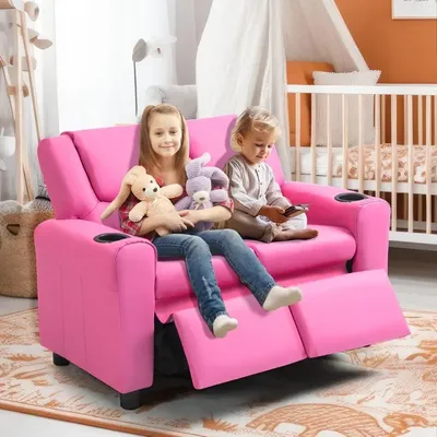 Double Recliner Chair W/Cup Holder PU Leather, Toddler Loveseat Couch W/Adjustable Footrest & Headres, Living Room Kids Sofa