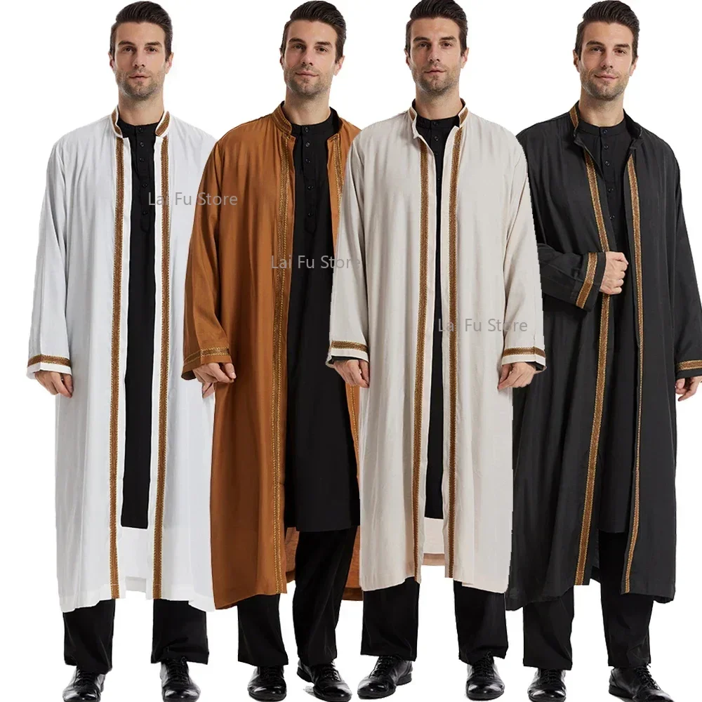 Männer Öffnen Abaya Muslimischen Saudi Jubba Islamische Kleidung Ramadan Kimono Langarm Robe Kaftan Dubai Stehkragen Arabisch Kleid Image