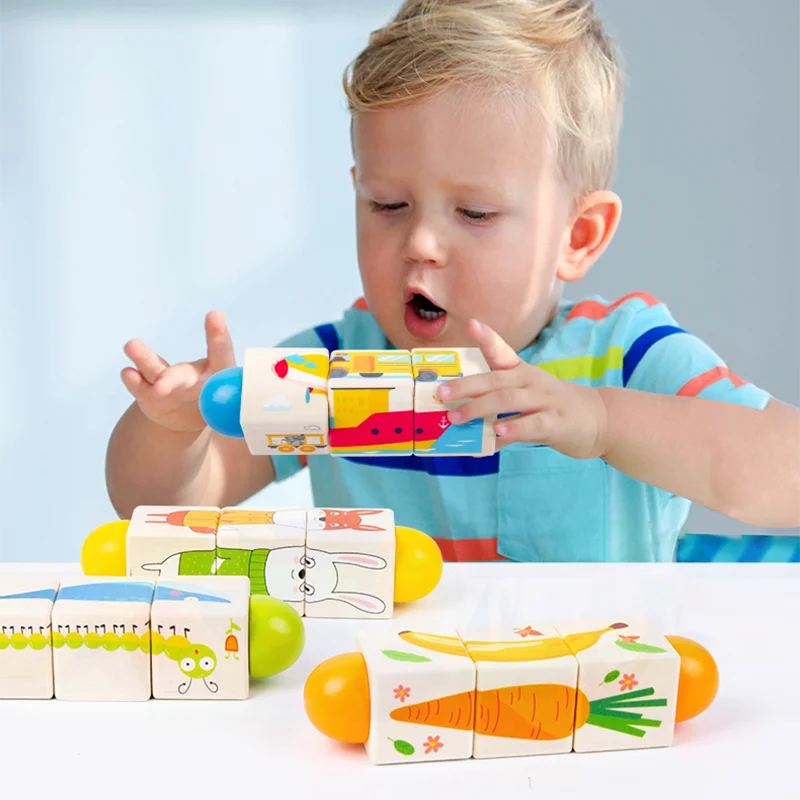 Säuglinge und Kleinkinder Holztier Transport Obst und Gemüse Rotierendes Puzzle Baby Greifbausteine Früherziehung Kognitives Spielzeug