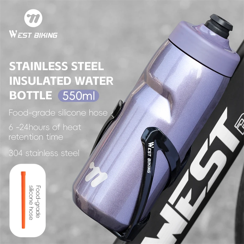 WEST BIKING Tragbare Wasserflasche 550 ml Lebensmittelqualität Silikon Fahrrad Wasserkocher Edelstahl Sportbecher Motorradzubehör Image