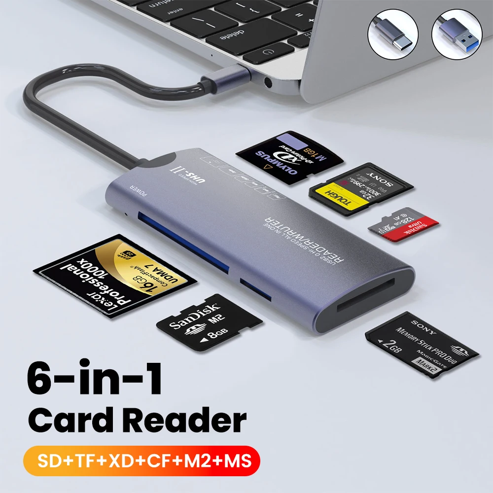 6-in-1-USB-Speicherkartenleser, multifunktional, Typ C, SD/TF/MS/XD/CF-Leser, Multi-Speicherkartenleser für PC, Laptop, Zubehör Image
