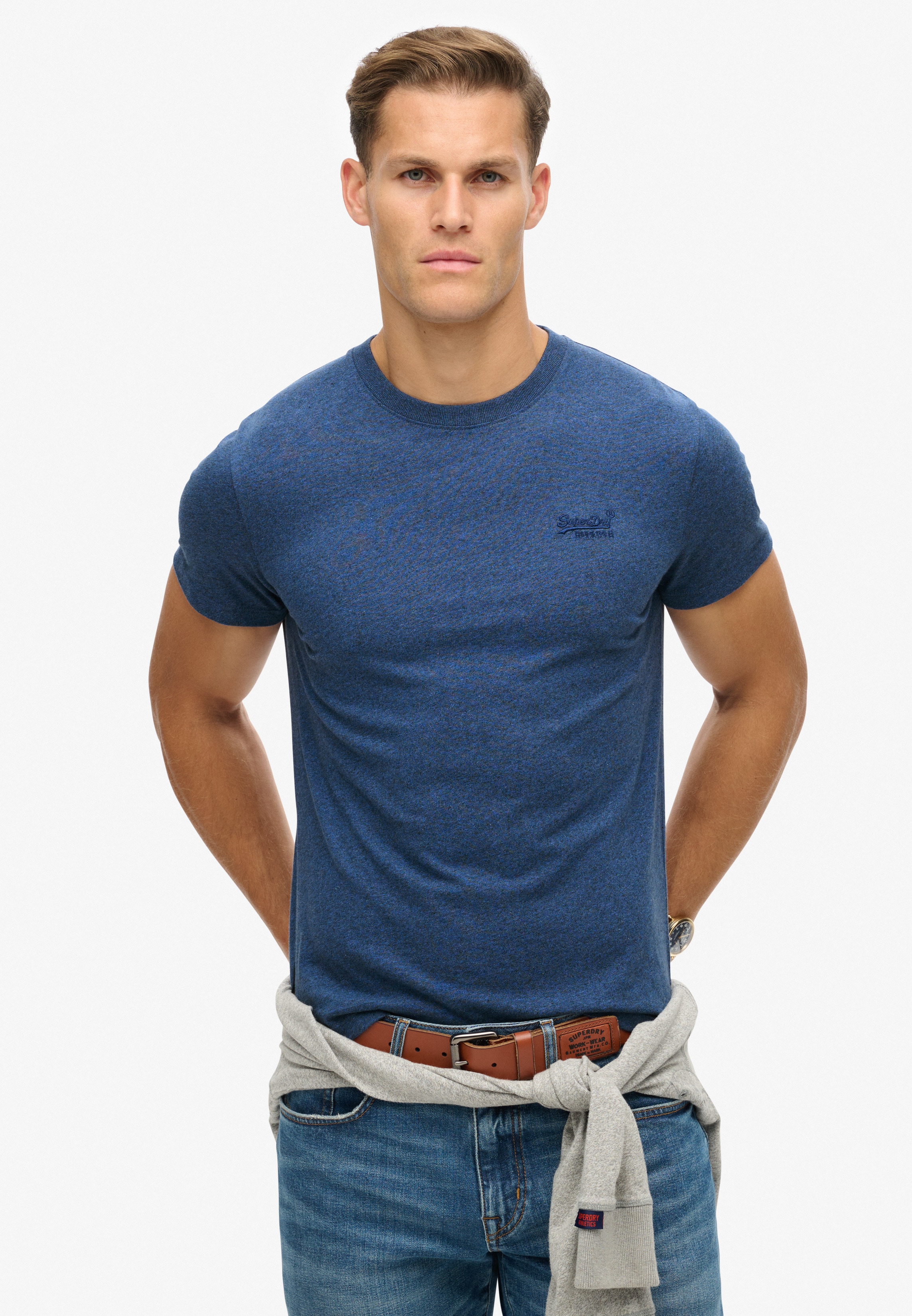 Rundhalsshirt SUPERDRY "Vintage Logo Emb Te", Herren, Gr. S (44), blau (bright blau), Single Jersey, Obermaterial: 100% Baumwolle, meliert, schmal hüftbedeckend, Rundhals, gerader Abschluss, Shirts Rundhalsshirt