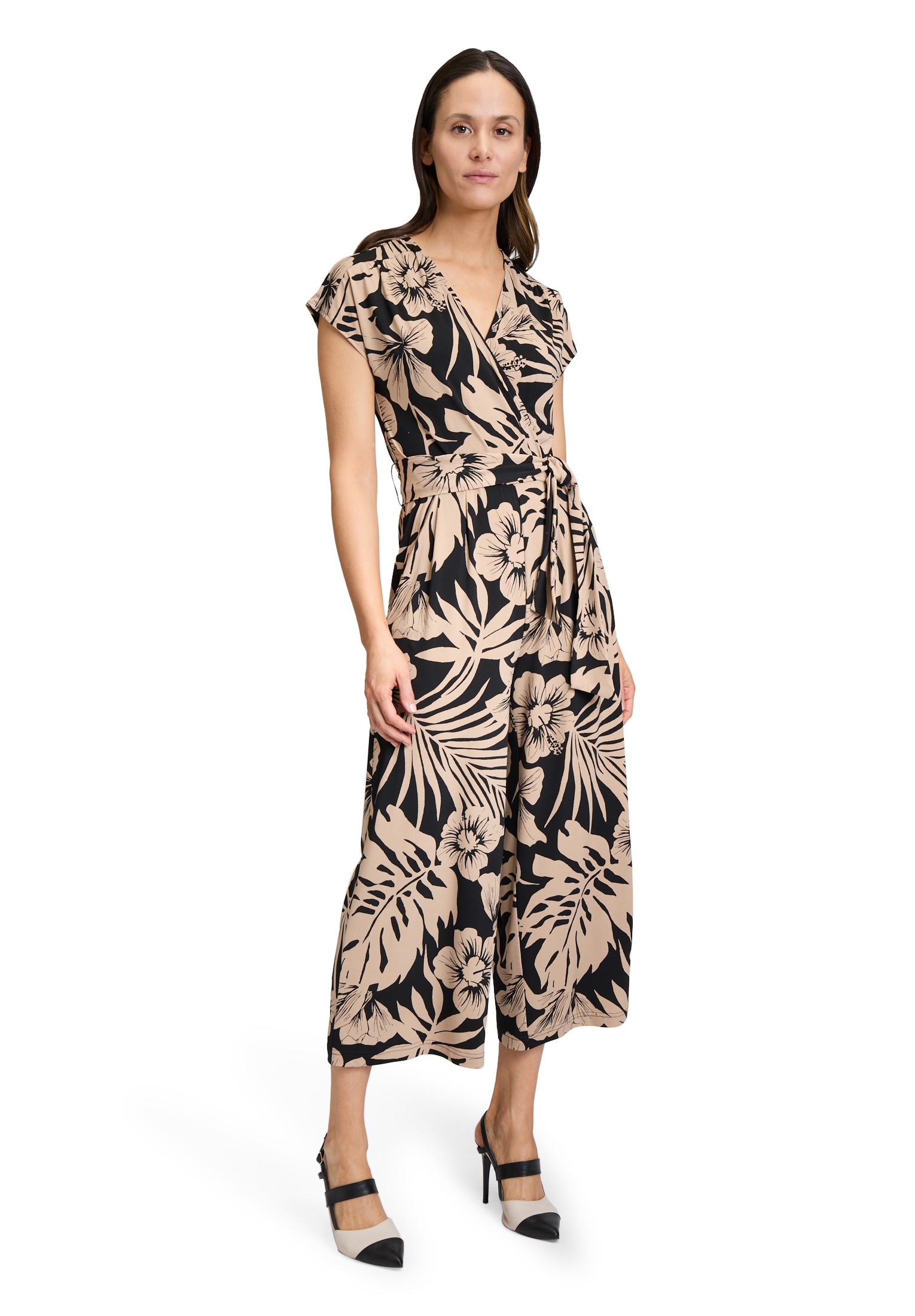 Overall BETTY BARCLAY "Damen mit Eingrifftaschen", Damen, Gr. 36, Normalgrößen, schwarz (schwarz, beige), Jersey, Obermaterial: 95% Polyester, 5% Elasthan., figurumspielend, V-Ausschnitt, Overalls Overall, Form