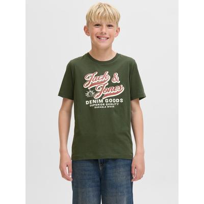 T-Shirt JACK & JONES JUNIOR "JJELOGO TEE SS ONECK 2 COL AW25 NOOS JNR", Jungen, Gr. 164, bunt (duffel bag), Single Jersey, Obermaterial: 100% Baumwolle, bedruckt, modisch, regular fit normal, Rundhals, Kurzarm, Shirts Image