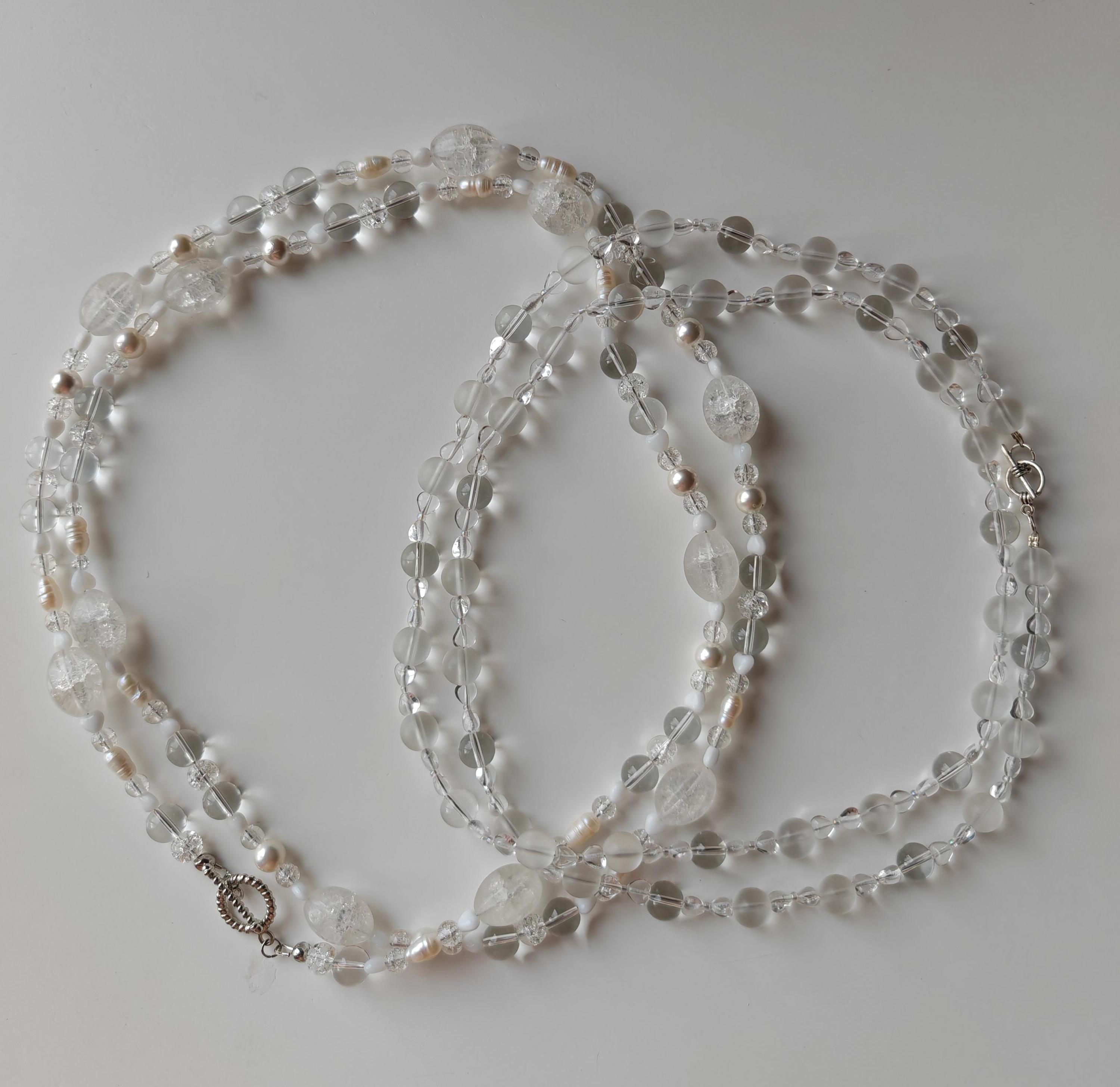Collana lunga in cristallo di rocca, collana in cristallo di rocca e perle d'acqua dolce, collana lunga in cristallo di rocca con perle d'acqua dolce,