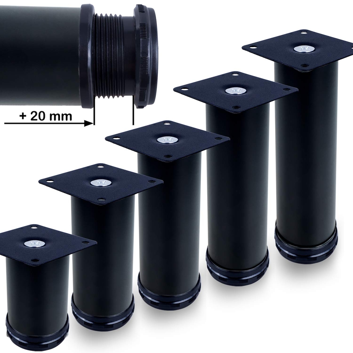 ID Dinkel Möbelfuße verstellbar 50mm Sofafuß Küchenfuß Sockelfüße Bettfüße Bein Schwarz MATT 250 mm Image