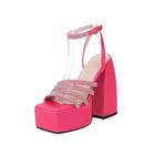 SMAALEB Women's Square Open Toe Slingback Sandals with Rhinestone High Chunky Heel Platform Summer Sandals Ankle Strap Party Prom Dress Pumps,Fuchsia,5 UK