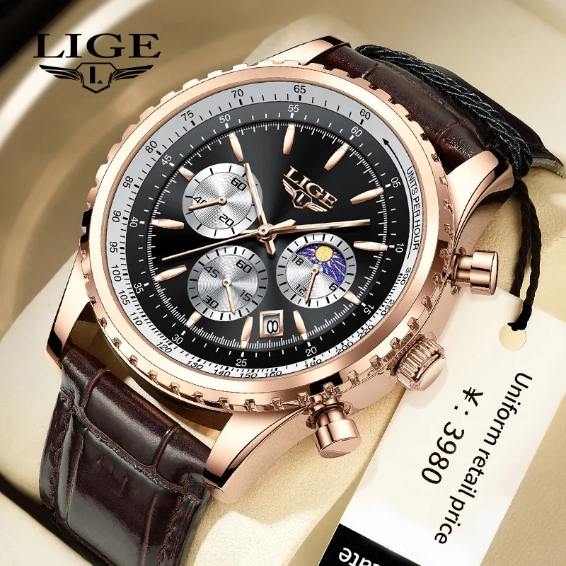 LIGE Leder Herrenuhr Outdoor Sport Mode Chronograph Quarzuhren für Männer Leuchtende wasserdichte Mondphase Datum Herrenuhr Image