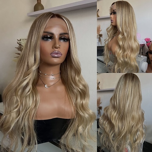 Echthaar 5x5 Verschluss 13x4 Spitzenfront Perücke Mittelscheitel Brasilianisches Haar Gewellt Blond Mehrfarbig Perücke 150% 180% Haardichte mit Babyhaaren Hervorgehobenes / Balayage-Haar 100 Image
