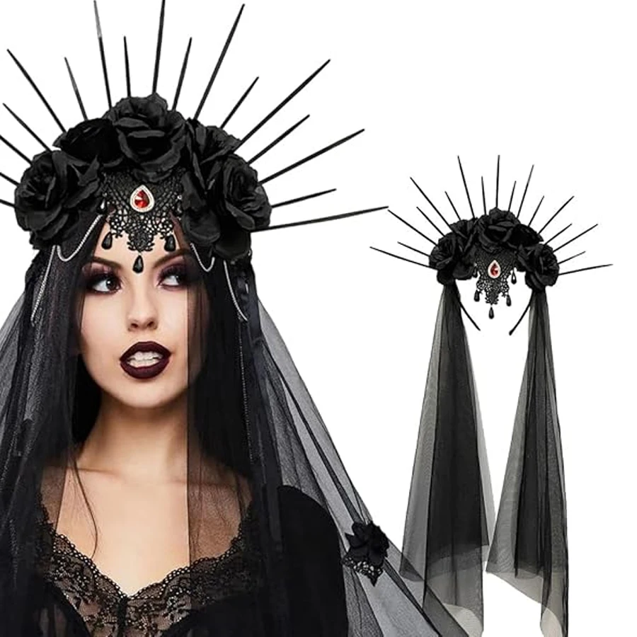 Halloween Kopfbedeckung Damen Schwarz Rose Schleier Gothic Stirnband Halloween Party Rollenspiel Kostüm Haarschmuck