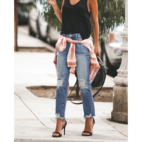 Damen Stoffhosen Gemütliche Leggings Gerade Streetwear Lässig Volle Länge Natürliche Taille Einfach Tasche Zerrissen Bequem Urlaub Ausgehen Hellhimmelblau Marinenblau Schwarz Herbst Normale Passform Image