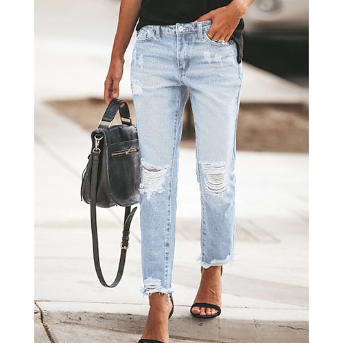 Damen Stoffhosen Gemütliche Leggings Gerade Streetwear Lässig Volle Länge Natürliche Taille Einfach Tasche Zerrissen Bequem Urlaub Ausgehen Hellhimmelblau Marinenblau Schwarz Herbst Normale Passform Image