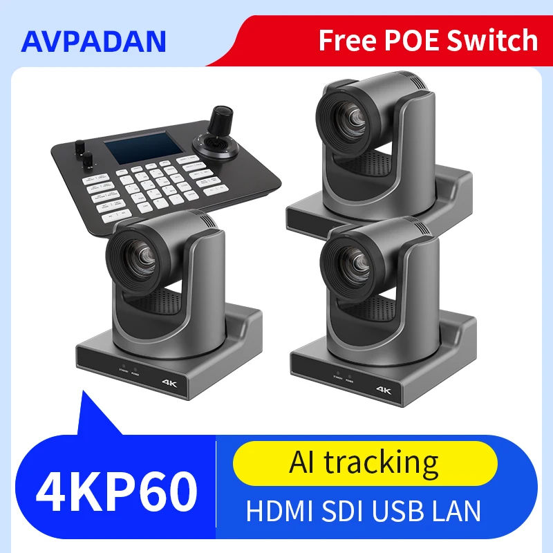 4k60fps 1-3 Stück NDI PTZ-Kamera 12X 20X Zoom Live-Streaming POE-Kamera und 1 Stück PTZ-Kamera-Controller für Videokonferenzen Image