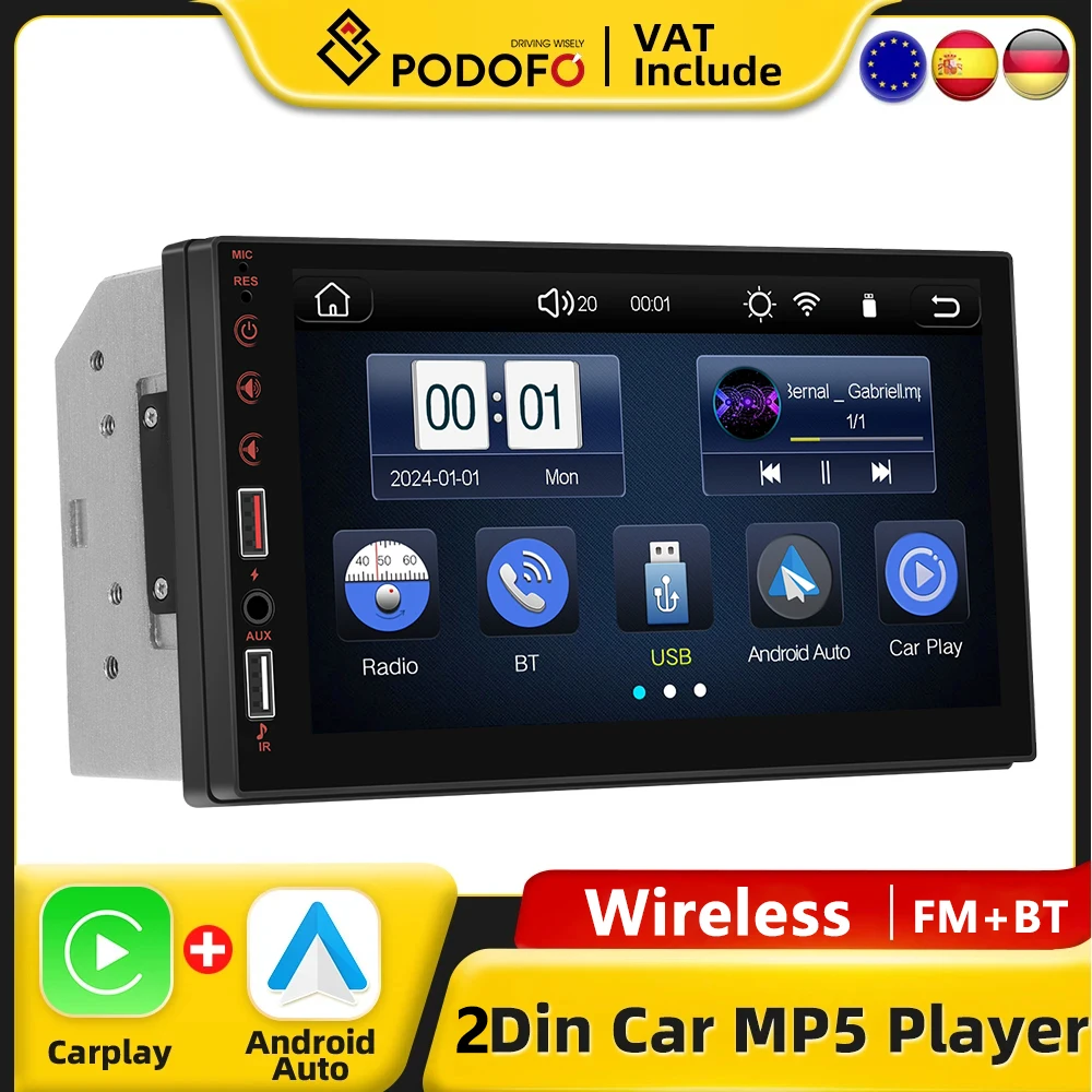 Podofo 7" 2din Wireless CarPlay MP5 Player Wireless Android Auto Universal Head Unit FM Stereo HD Touch Screen Multimedia Player Image