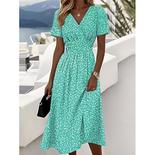 Frauen Elegante Midi Kleid A-Linien Kleid Wickelkleid V-Ausschnitt Kurzärmelig Kleid Sommerkleid Reguläre Passform Floral Grafik Polka Dot Gelb Rot Blau Lila Image