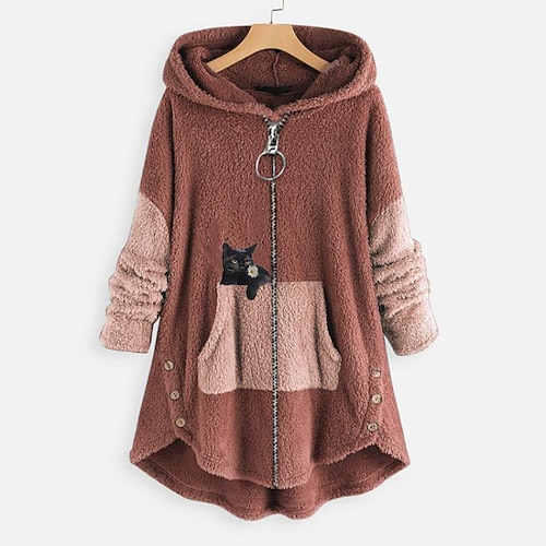 giacca con cappuccio da donna, calda felpa foderata in pile, pigiama, patchwork, cerniera, casual, per gatti, per attività all'aperto, per le vacanze, con cerniera, lunga, con cappuccio, vestibilità regolare, manica lunga, capospalla, nero, rosso,...