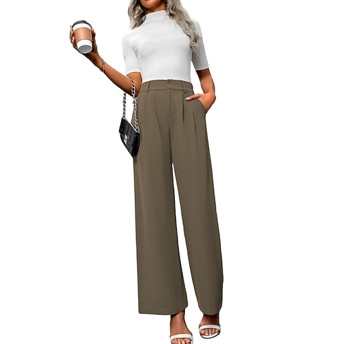 Damen Weites Bein Stoffhosen Streetwear Lässig Volle Länge Natürliche Taille Einfach Tasche Elastischer Bund Bequem Outdoor Wochenende Kastanienbraun Weinrot Rot orange Pfauenblau Herbst Normale Image