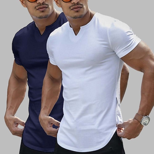 Herren T Shirt Lässiger Stil Kurzarm V Ausschnitt Sommer Ganzjahres Einfach Mode Klassisch Lässig 2 teilig Mehrfachpackung Rein Straße Lässig Sport Schwarz Schwarz Weiß Kaffee Marineblau Weiß Image