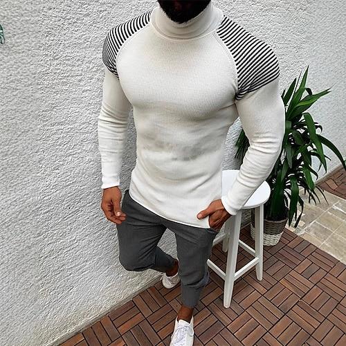 Herren Pullover Gerippt Stricken Normale Oberteile Gestrickt Schmale Passform Patchwork Rollkragen Strickware Modern Lässig Alltagskleidung Bekleidung Herbst Winter Schwarz Weiß S M L