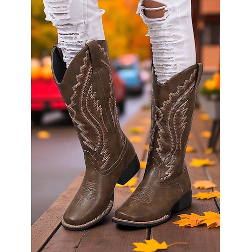 Damen-Western-Cowboystiefel mit gestickten Nähten – Kunstlederstiefel mit halbhoher Schafthöhe für Herbstfeste, Farmarbeit und Country-Outfits Image