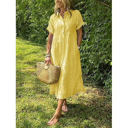 Damen Midikleid Kunstbaumwollleinen Shiftkleid Maxikleid aus Baumwolle Lässig Lässiger Schnitt Gestreift Kurzarm Hemdkragen Revers Blau Hellgelb Schwarz Weiß Sommer Frühling Herbst Image