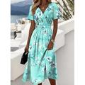 Frauen Elegante Midi Kleid A-Linien Kleid Wickelkleid V-Ausschnitt Kurzärmelig Ausgehen Reguläre Passform Floral Grafik Pink Blau Lila Grün