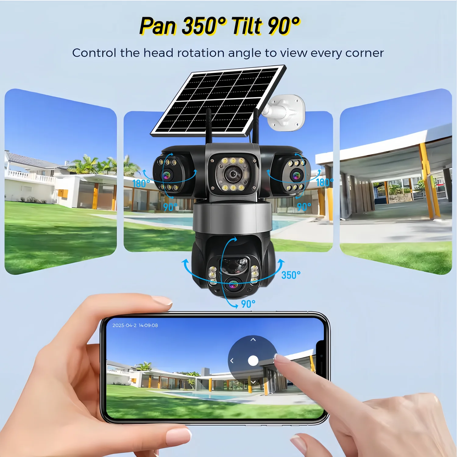 Solarkamera, WiFi, für den Außenbereich, 3 Objektive, 3 Bildschirme, 10-facher Zoom, PIR-Kameras zur menschlichen Erkennung, wasserdicht, IP-Nachtsicht, CCTV-Sicherheitsschutz Image