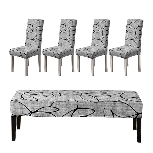 Bedruckte Stuhlhussen und Bankhussen-Sets für Esszimmerstühle, bestehend aus 5 Stück, 4 Stuhlhussen und 1 Bankhusse Image