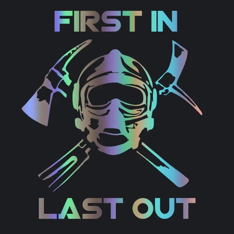 Lustiger Feuerwehrmann-Autoaufkleber „First In Last Out“, reflektierender Vinyl-Aufkleber für SUV, LKW, Motorrad, Außenzubehör Image