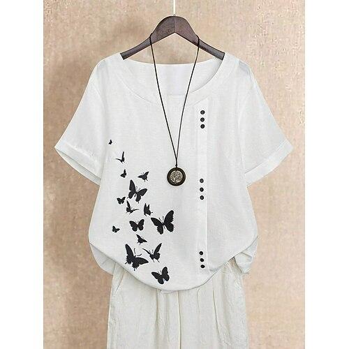 Damen Bluse Grafik Schmetterling Basic Kurzarm Rundhalsausschnitt Normale Oberteile Ferien Knöpfe Druck Weiß Sommer Frühling Herbst
