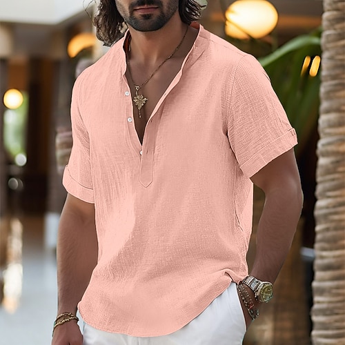 Herren Hemd Leinenhemd Popover-Hemd Sommerhemd Strandbekleidung Stehkragenhemd Einfach Lässig Täglich Schwarz Weiß Gelb Rosa Kurzarm Henley Sommer Bekleidung Image