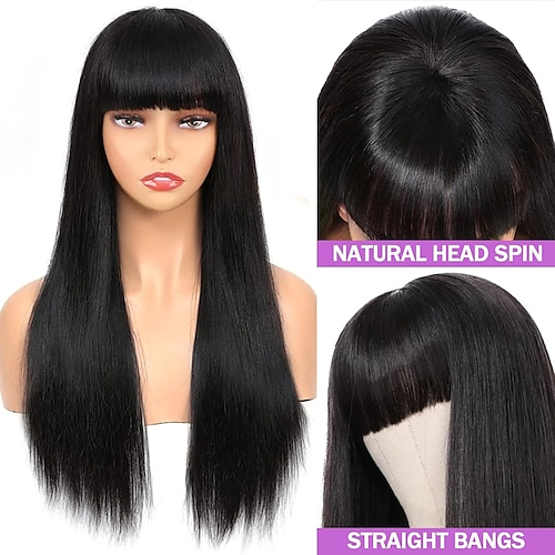 Gerade Echthaarperücken mit Pony, brasilianisches Jungfrau-Perücken ohne Lace-Front, klebefreie, maschinell hergestellte Perücken für schwarze Frauen, natürliche Farbe Image