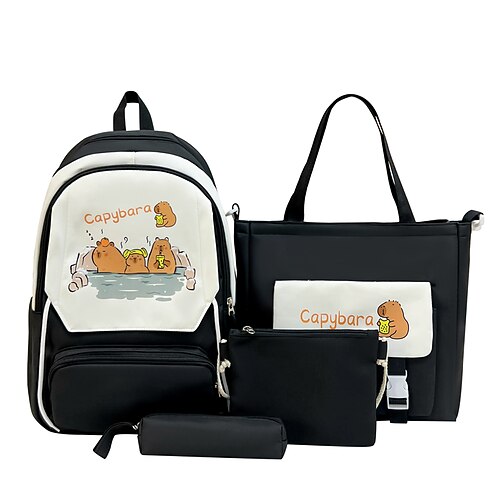 Set di 4 zaini neri per il ritorno a scuola per ragazze – zaino scolastico con cartone animato capibara con borsa, astuccio e pochette – grazioso e resistente kit per studenti
